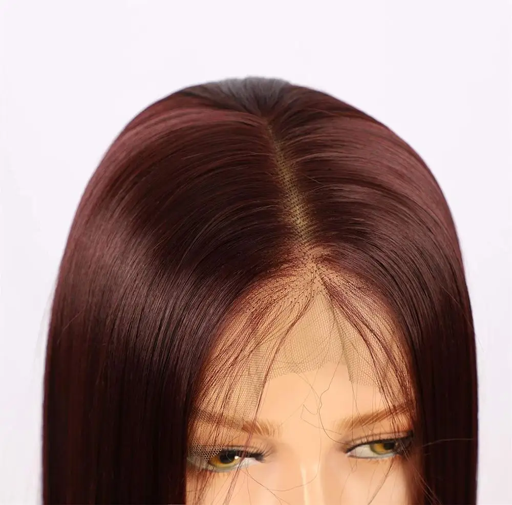 13x6 Wine Red Lace Front Wig, 14 Short Burgundy Bob Wig Silky Straight Middle Part Synthetic Wig for Women, Pre Plucked with Nat