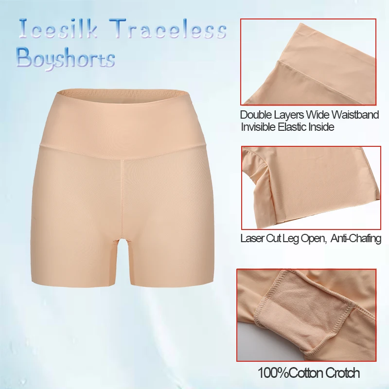Women Seamless Anti-Chafing Boyshorts Tummy Control Boxer Mid-Rise Under Pants for Dress non-slip elastane Invisible Underwear
