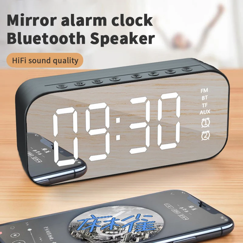 Hot Selling Mini BT Speaker Alarm Clock Mirror Radio Wth LED Digital Display Sleep Timer Portable Wireless Subwoofer