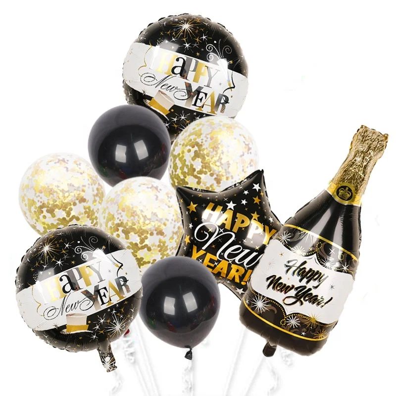 1set Navidad 2022 Happy New Year Bottle Foil Balloons 18inch New Year Helium Globos Decorations Party Supplies Confetti Toys