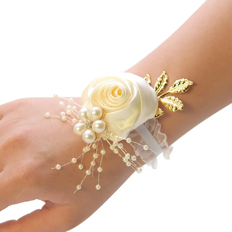 KS-102 Wedding Bridal Bridesmaid Silk Wrist Flower Corsage with Faux Pearl Bead Stretch Bracelet Wristband Gold Leaf