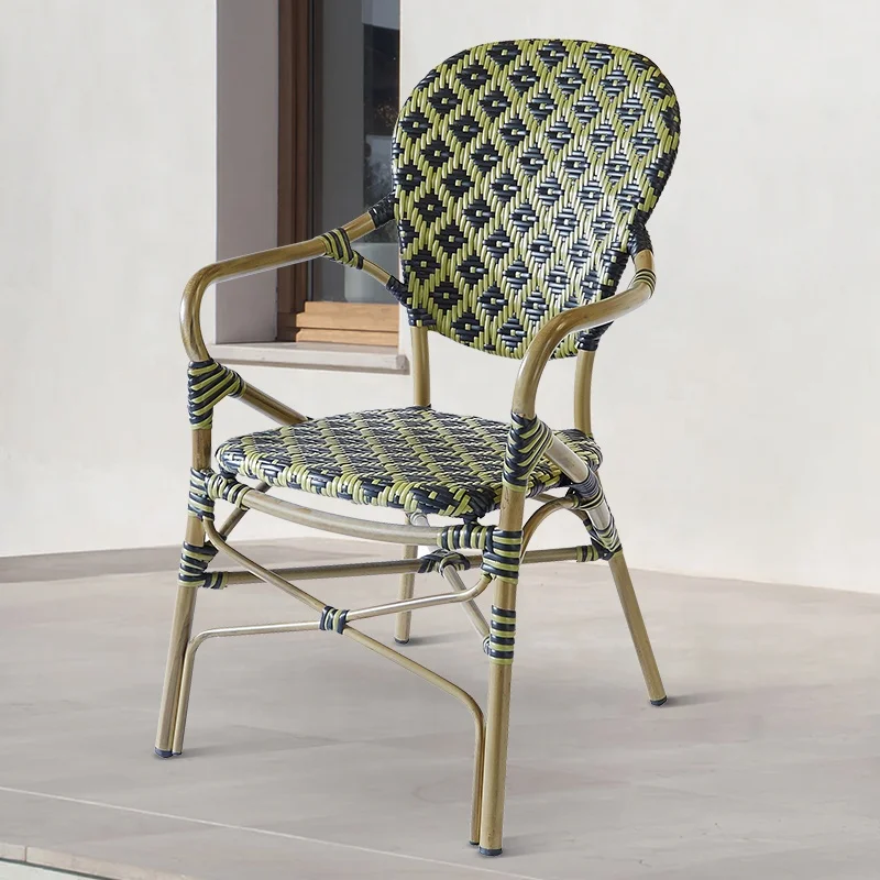 Multi Color French Green Garden Wicker Furniture Outdoor Patio Aluminum Rattan Bistro Dining Chairs