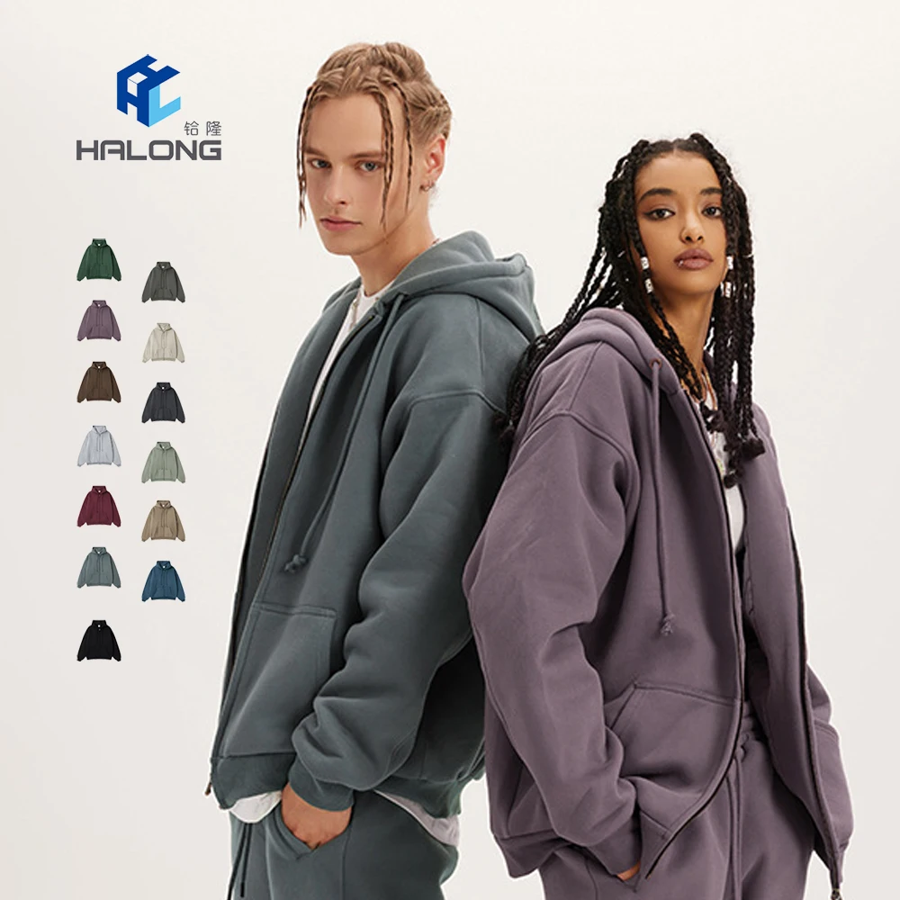 500 Gsm Blank Heavy Weight Baggy Double Zipper Hoodie Sweatsuit Custom DTG Print Blue Zip Up Hoodies Sweatshirt With Zipper