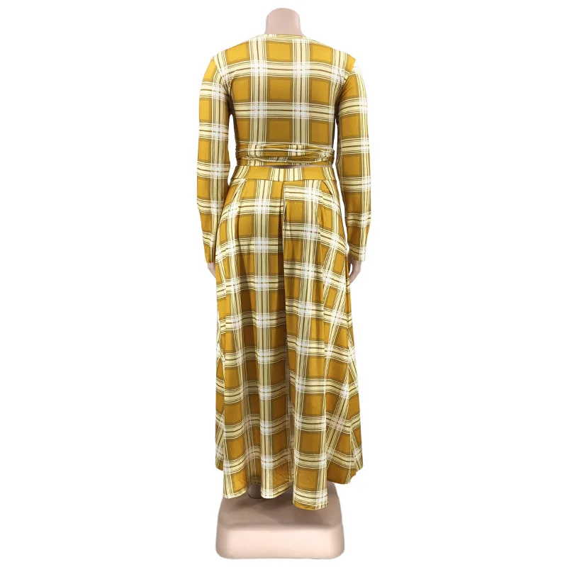BH698 new arrival 2022 women fall and winter plaid print long sleeve plus size two piece dress set clothing