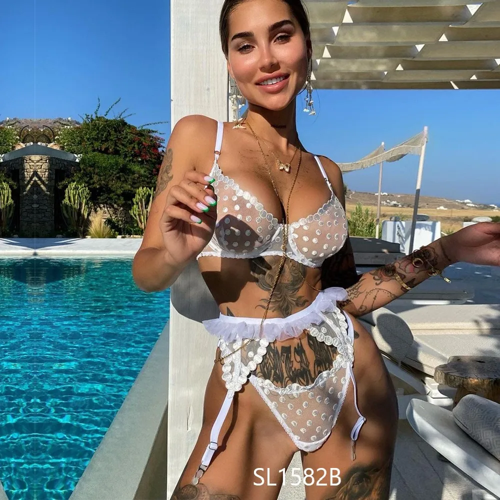 2022 New underwear lace embroidery sexy perspective lingerie of three-piece set garters womens sexy underwear