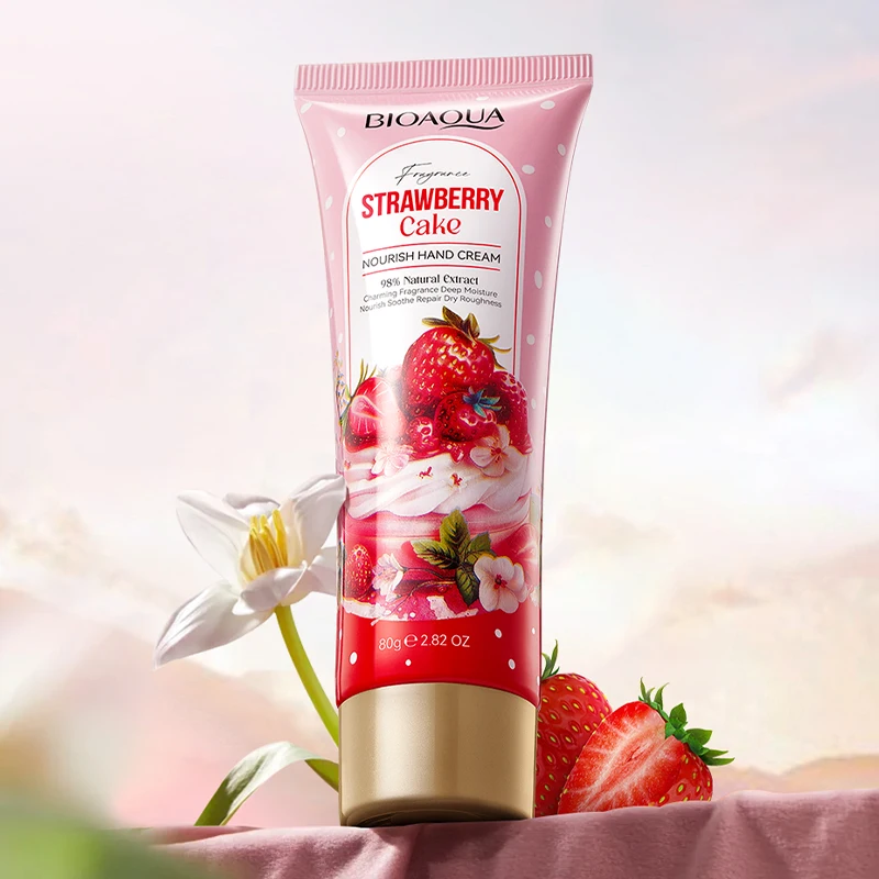 OEM BIOAQUA Cosmetics Strawberry Cake Nourishing Hand Cream Organic Moisturizing Whitening Perfume Hand Care Cream Lotion