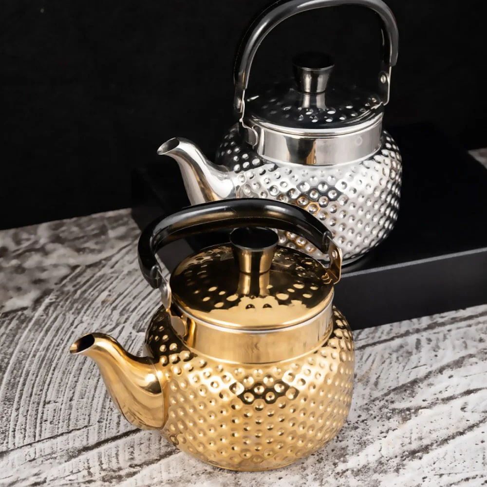 Gold Hammered Design Metal Tea Kettle Water Boilers 1500ml Stainless Steel Teapot with Infuser Strainer For Stovetop Camping