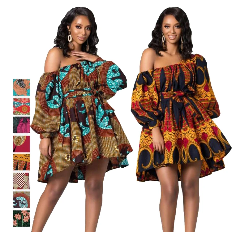 Hot Sale African Ladies Clothing Sexy One Shoulder Short Dresses Fashion Printed Belted Kitenge Dress Designs For African Women