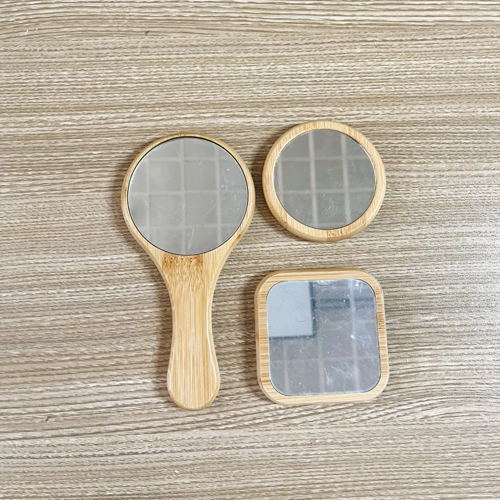 Custom Eco Friendly Small Round Square Bamboo Wood Pocket Mirror Travel Portable Wooden Makeup Mirror