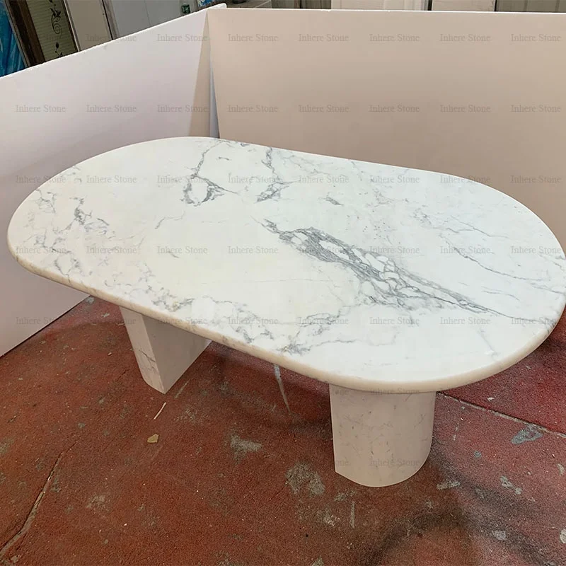 Custom Made Natural Stone Nordic Home Furniture Italian Snow White Marble Top Oval Statuario White Marble Dining Table