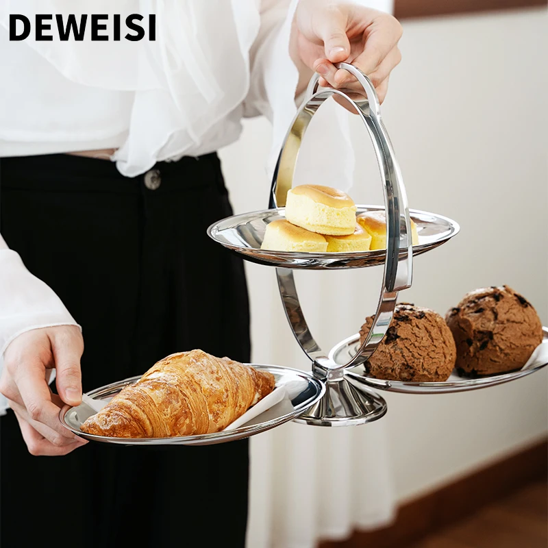 DEWEISI hotel restaurant supplies stainless steel round fruit snack dessert stand 3 layers serving food tray for banquet party