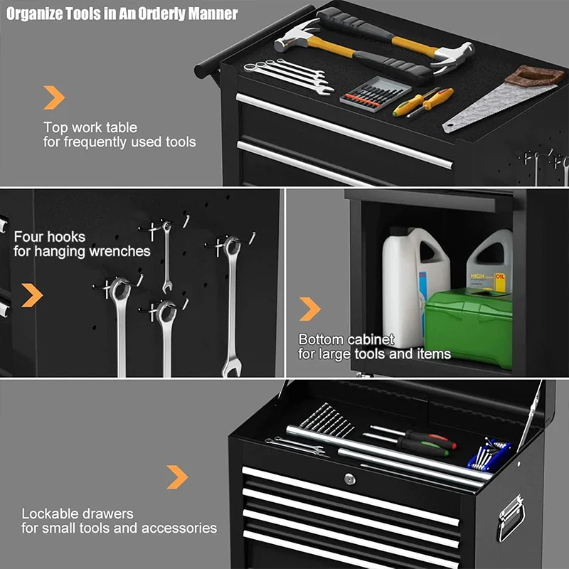Lockable Wheels Sliding Drawers Rolling Tool Chest, Detachable Top 6-Drawer Tool Box Auto Locking Black Tool Storage Cabinet