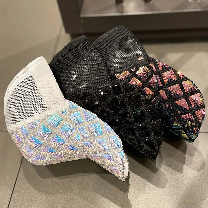 DATOU Wholesale Korean Style Glitter Grid Gauze Breathable Fashion Sun Cap Sunscreen Adjustable, logo Customised Baseball Hat
