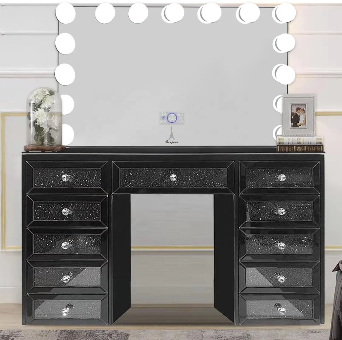 Accent floating crystal mirrored dresser set with drawer