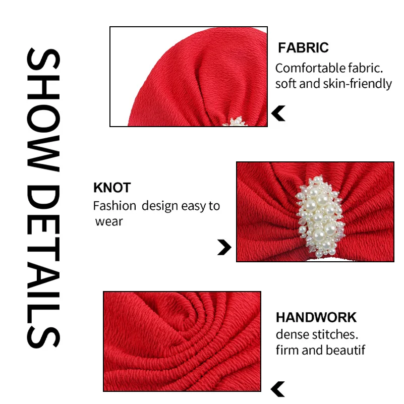 Wholesale Elegant Pearl Decor Turban Cap Embossed Elastic Head Wrap For Women Girl