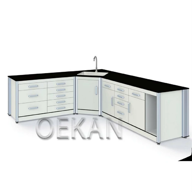 School Laboratory Equipment Commercial Chemical Working Wooden L-shape Wall Mounted Lab Desk with Sink Faucet