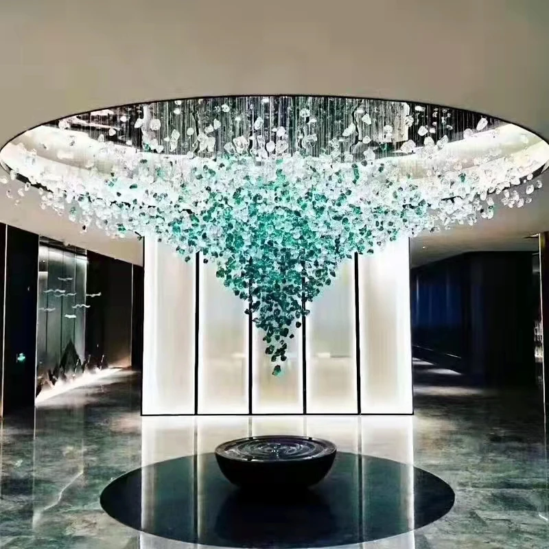 Hotel lobby large project luxury ceiling hanging green color crystal customization chandeliers & pendant lights