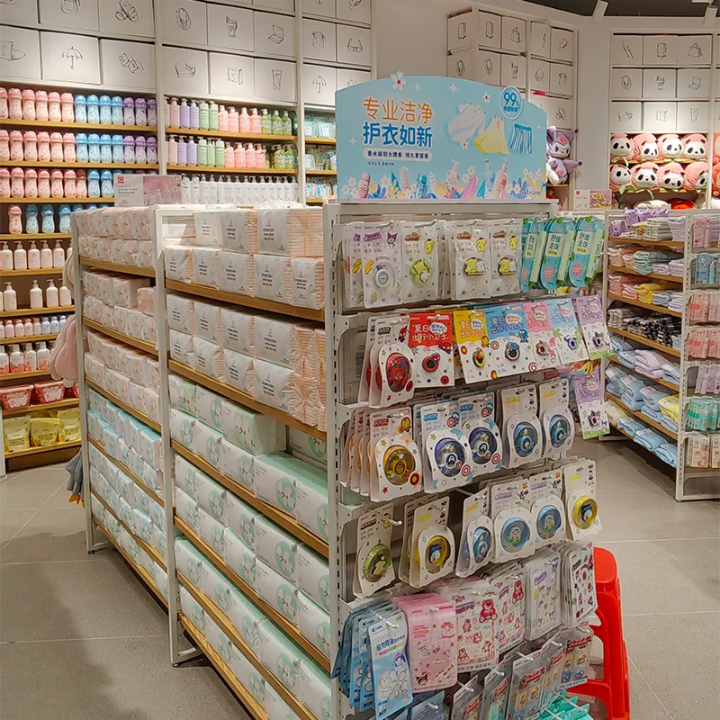 customized metal wooden miniso shelves for cosmetic store