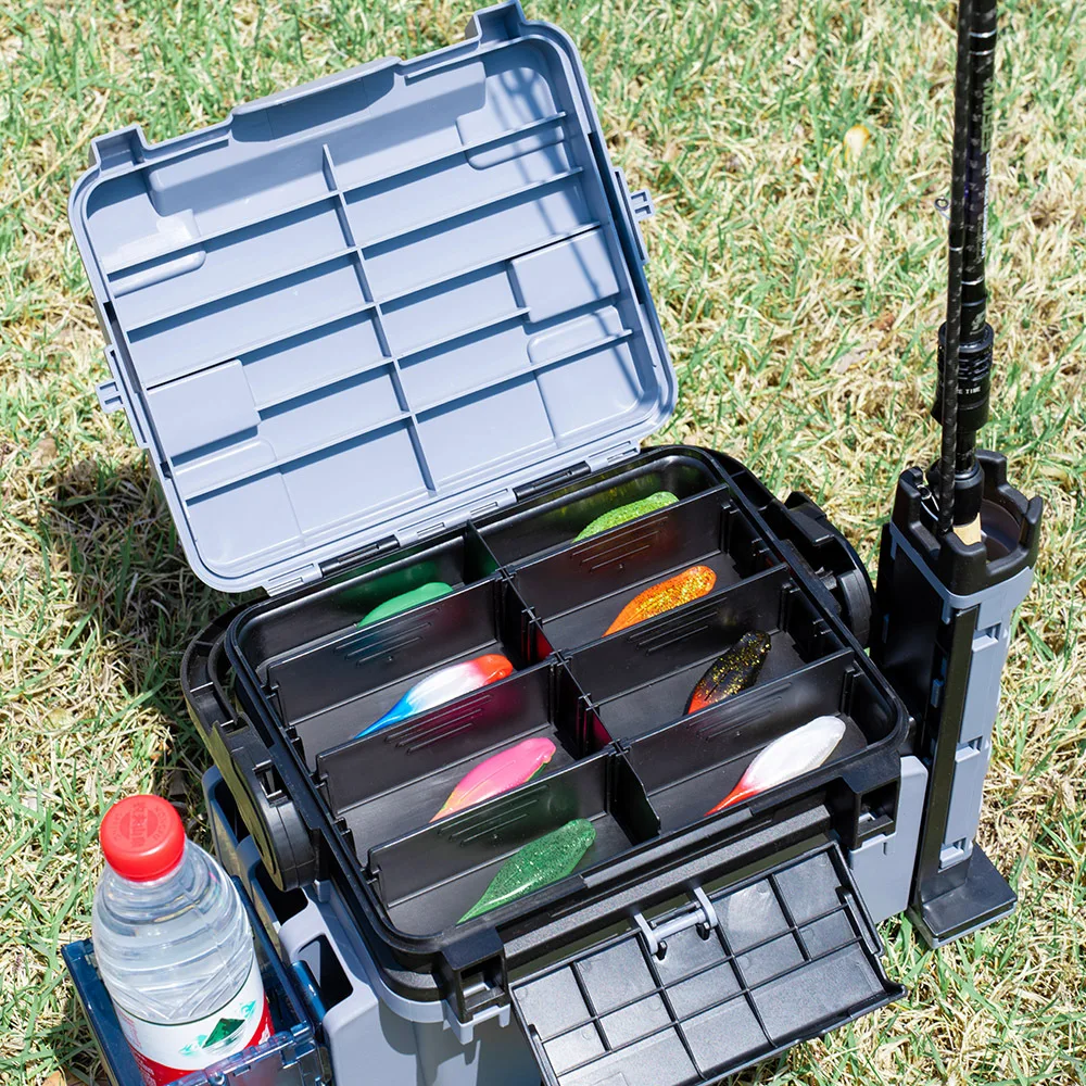 JETSHARK hot sale fishing tackle storage with rod holder fishing box storage multi-function double-layer fishing tool box