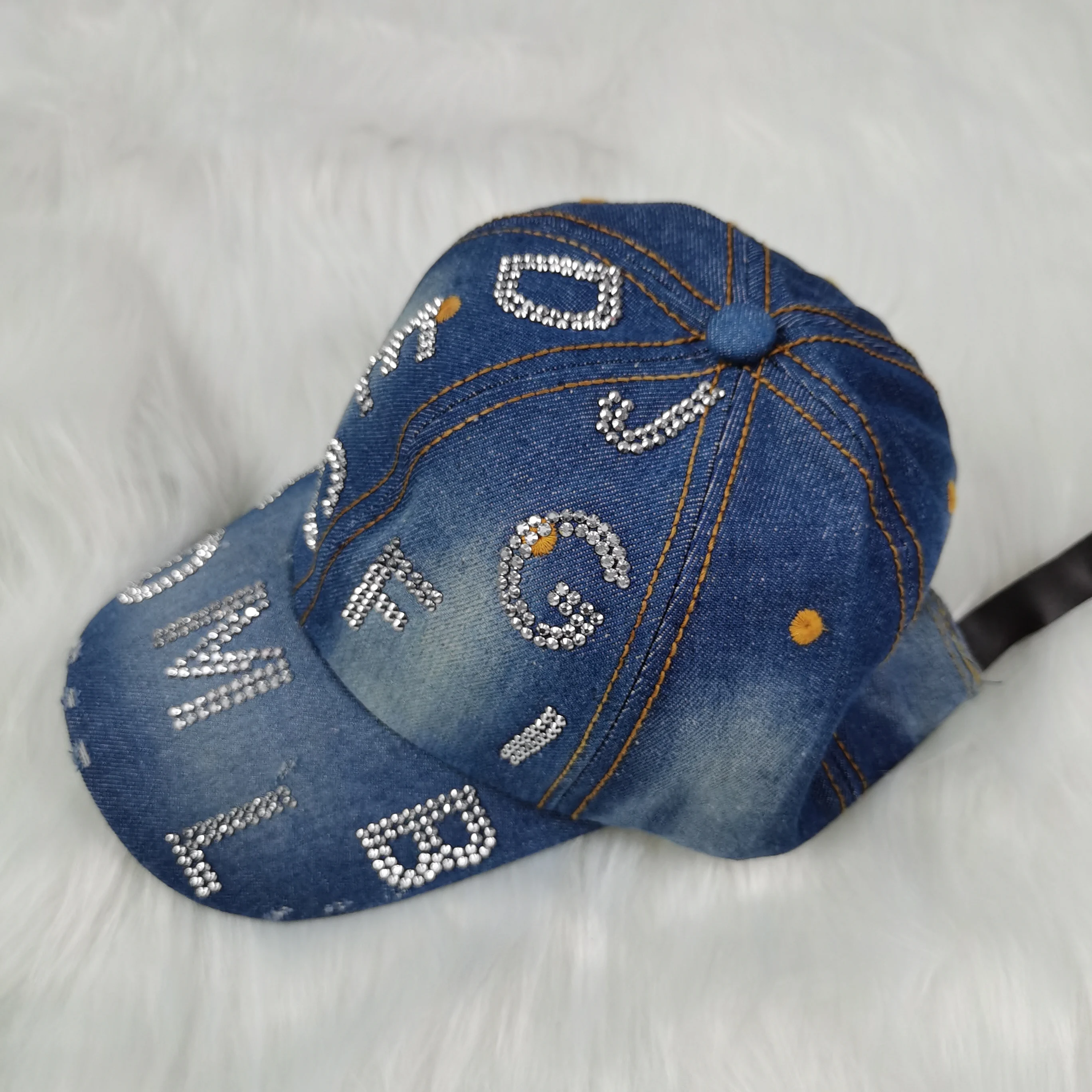 N251CP Роскошная ковбойская шляпа со стразами блестящими надписями и блестками потертая Потертая джинсовая бейсболка с надписью letterman
