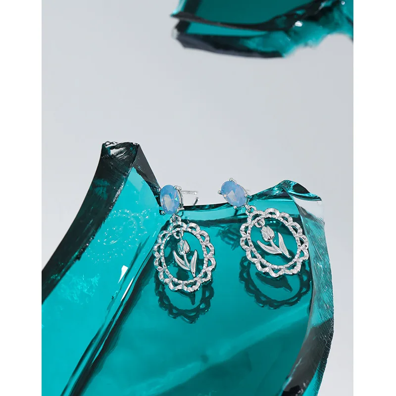 New Arrived 925 Silver Tulip Flower Earrings Carved Elegant Earrings Women Luxury Gold Drop Earrings