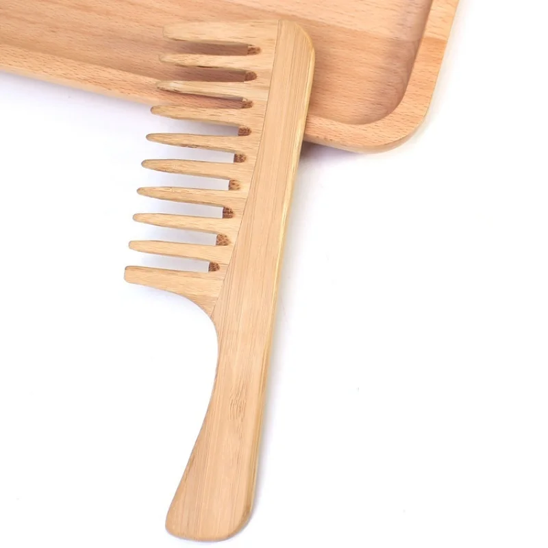 Laser logo bamboo wide tooth comb Handmade Natural color Hair Comb for Women