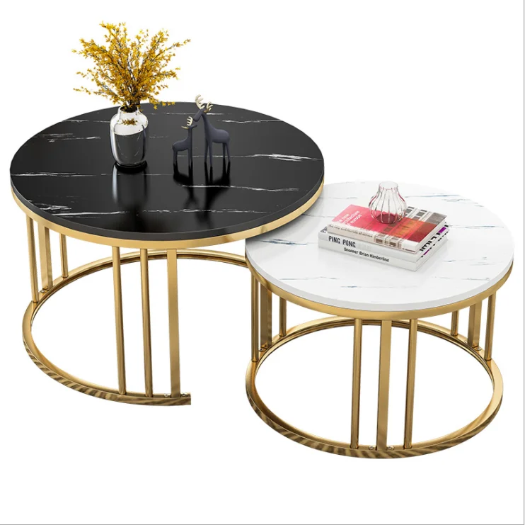 Living room furniture center stainless steel metal round nesting stone marble coffee table set luxury modern