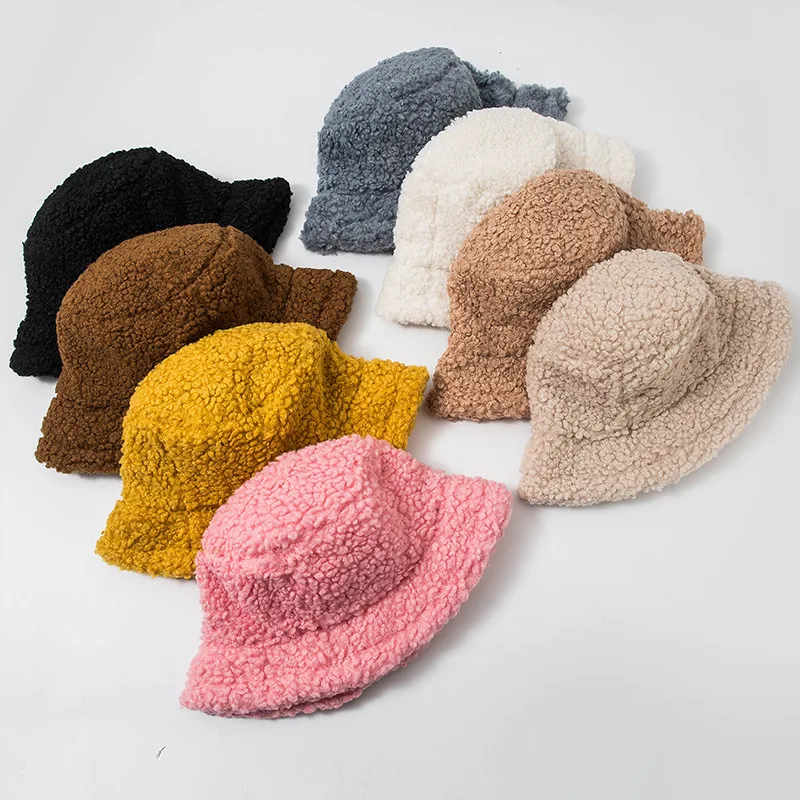 Wholesale Artificial Lambs Wool Women Casual Winter Warmer Bucket Hat Warm Hats Cloche Faux Fur Fisherman Cap for Women