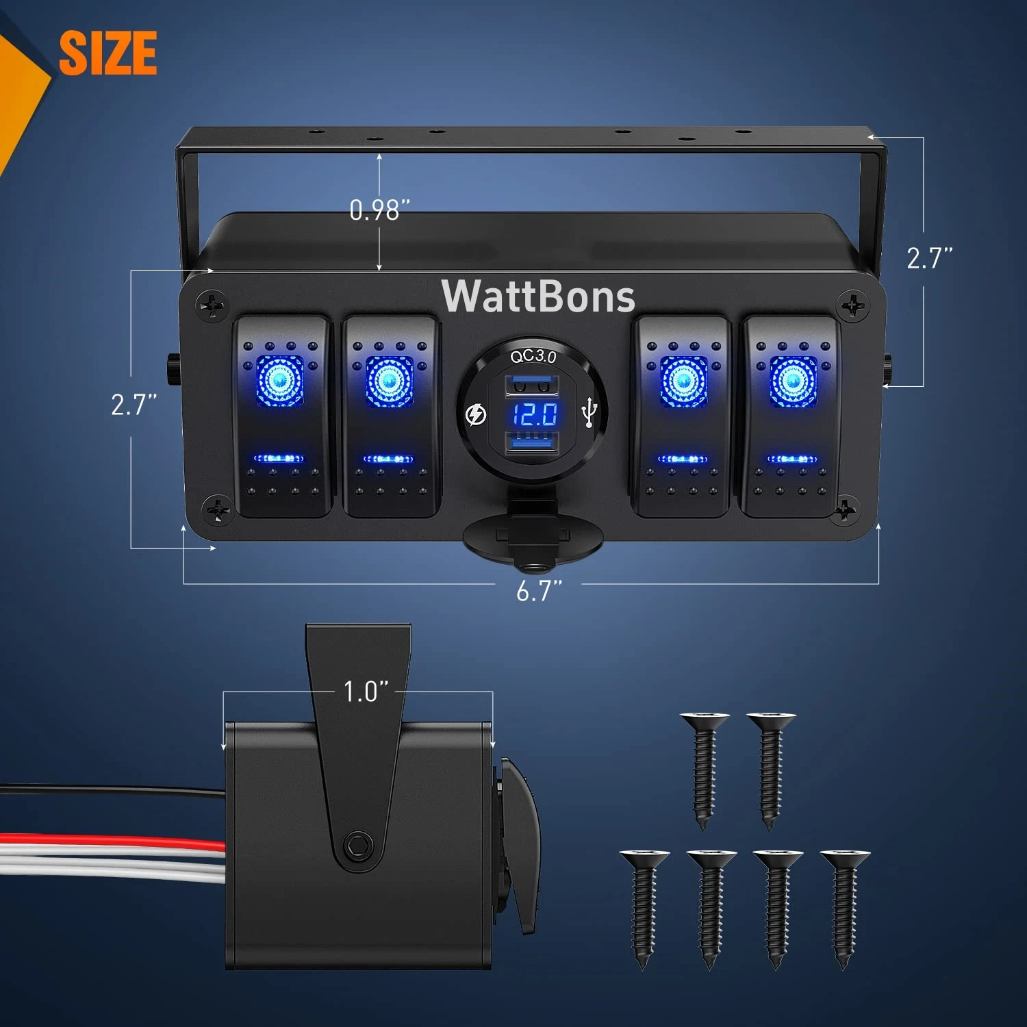 Rocker Switch Box 4 Gang 12V ON Off Switch 2 USB Car Socket Digital DC Voltmeter Waterproof Switch Panel Box for Boat RV Truck