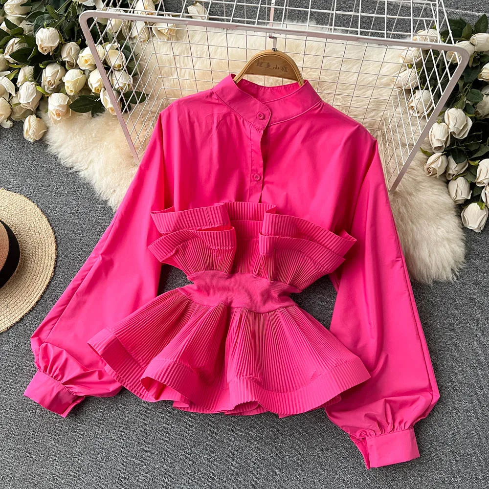 Customized spring long sleeved shirt women three-dimensional pleated ruffle edge waistband top women