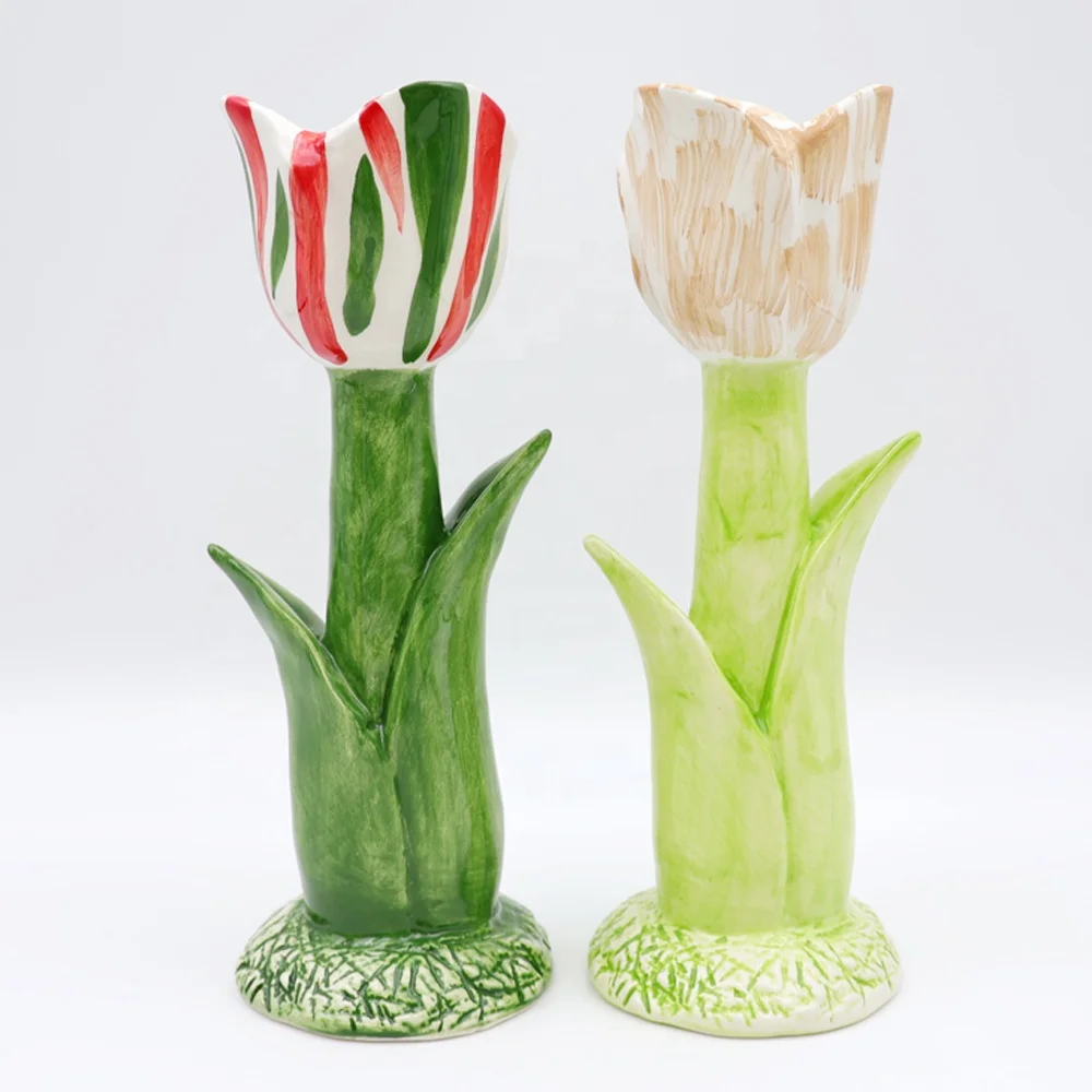 Custom wholesale high-end handmade colorful matter glazed ceramic tulip taper candle stand ceramic floral candlestick holder