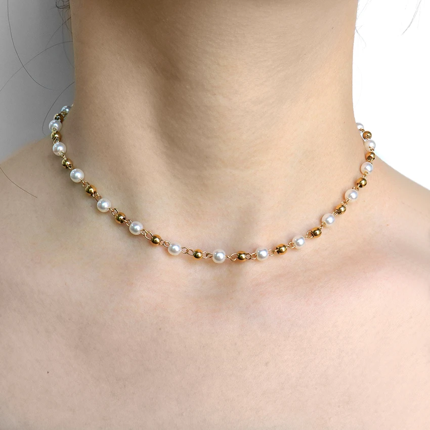 Dainty 18K Gold Beads Link Chain Necklace Elegant Temperament Ladies Jewelry Waterproof Small Pearl and Bead Choker Necklace
