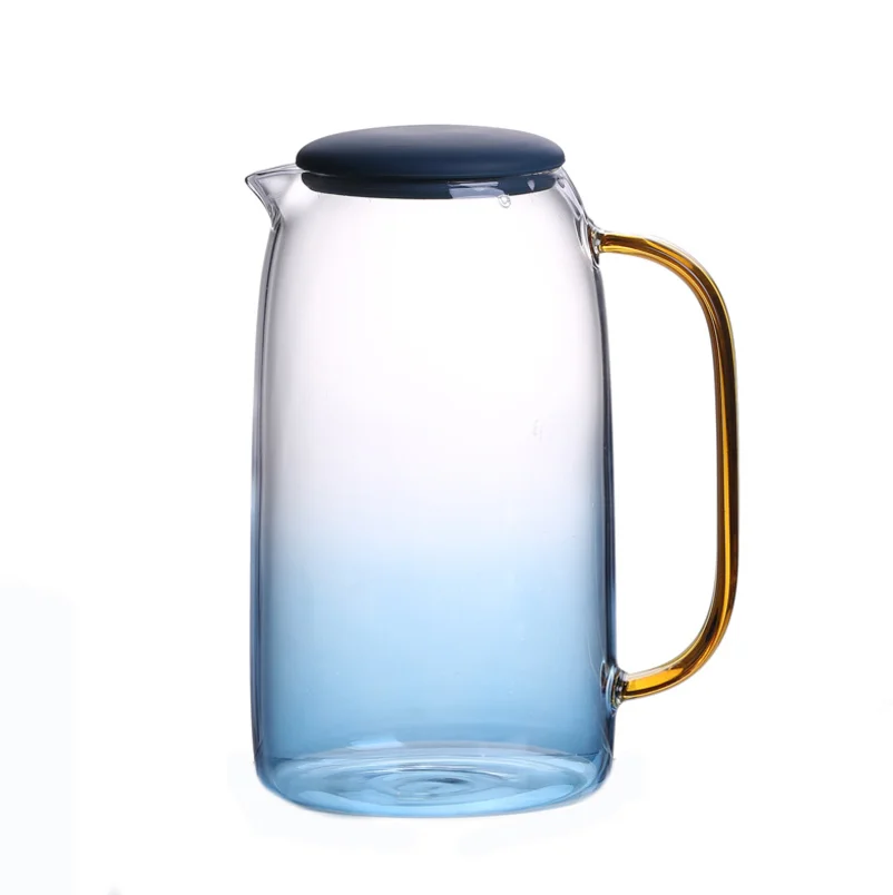 
High Quality 1.5L Blue Crystal Clear Borosilicate Glass Water Pot/ Jug/ Pitcher with Gold Handle 
