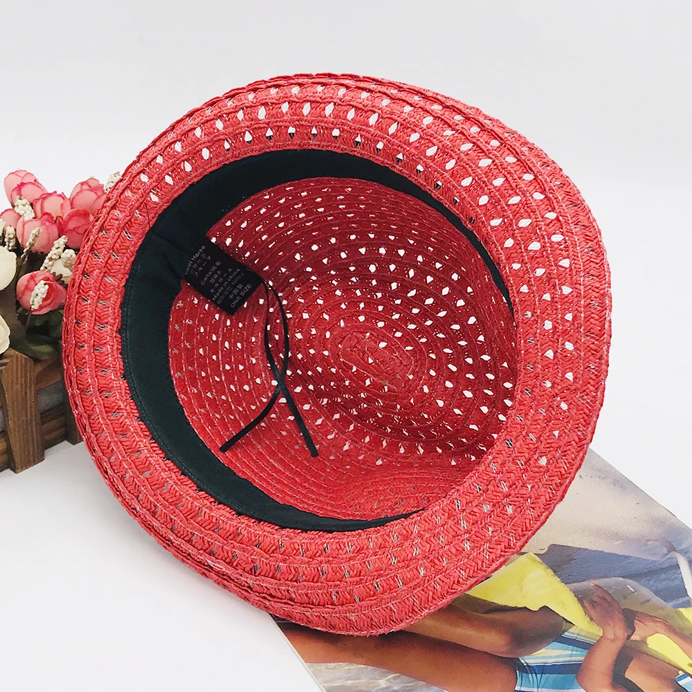 Red Elegant OEM Design Custom logo Straw hat for women/lady Fashion Wide Brim Cowboy  Hats Customized logo Panama with Rope