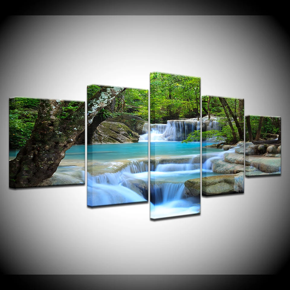 HD Prints Canvas Posters Home Decor 5 Pieces Natural Waterfall Paintings Wall Art Scenery Pictures Modular Living Room Decor
