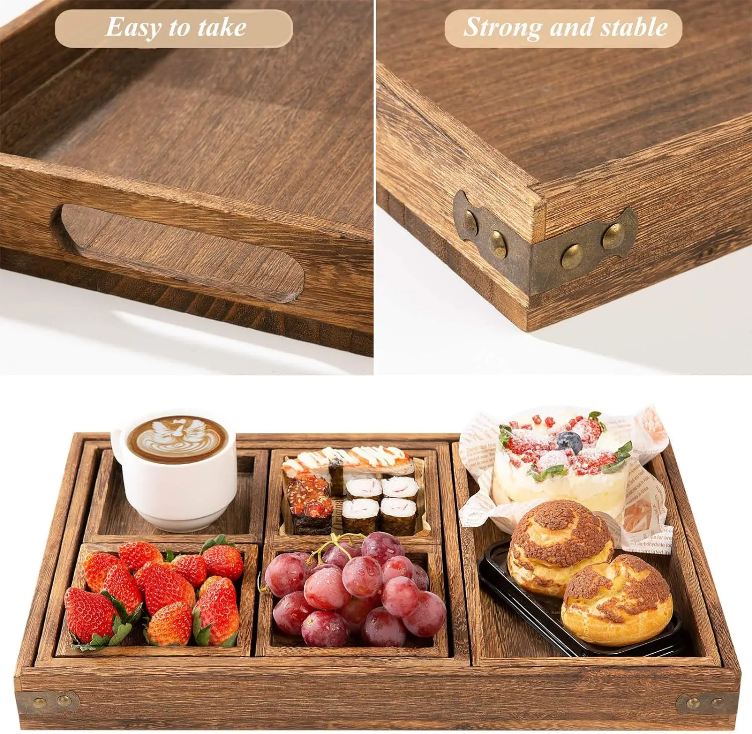 Rustic wooden tray with handle - 7-piece set of rectangular plates for entertainment, breakfast, coffee table wooden tray