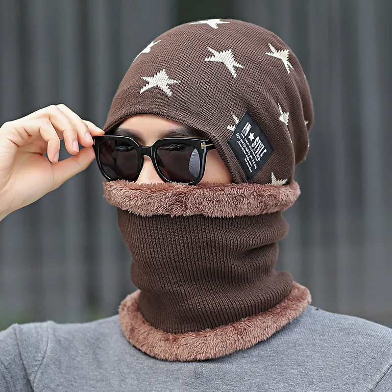 Winter Fashion knitted Beanie Hat Cycling Woolen Cap Woolen Hat Bib Suit Autumn Winter Warm Knitted Hat And Scarf Set For Men