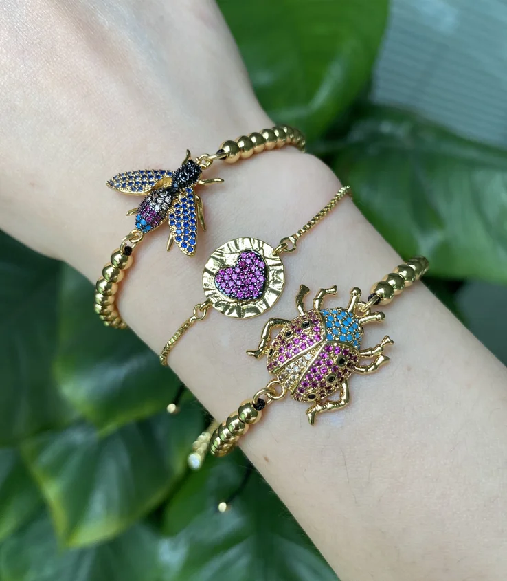 Cute bee little beetle copper micro diamonds red heart bracelet