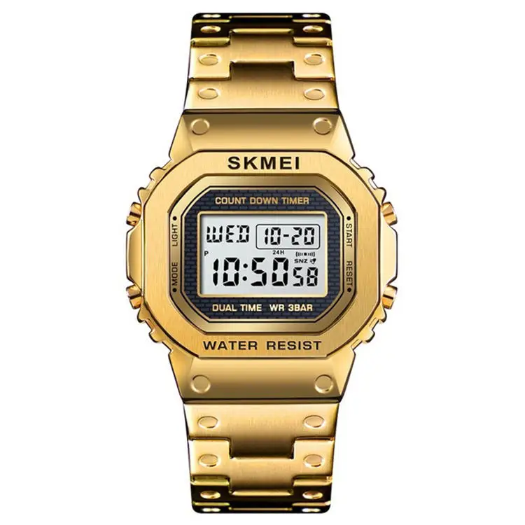 SKMEI 1456 новые мужские цифровые часы роскошные квадратные электронные наручные из нержавеющей стали ударные светодиодные спортивные