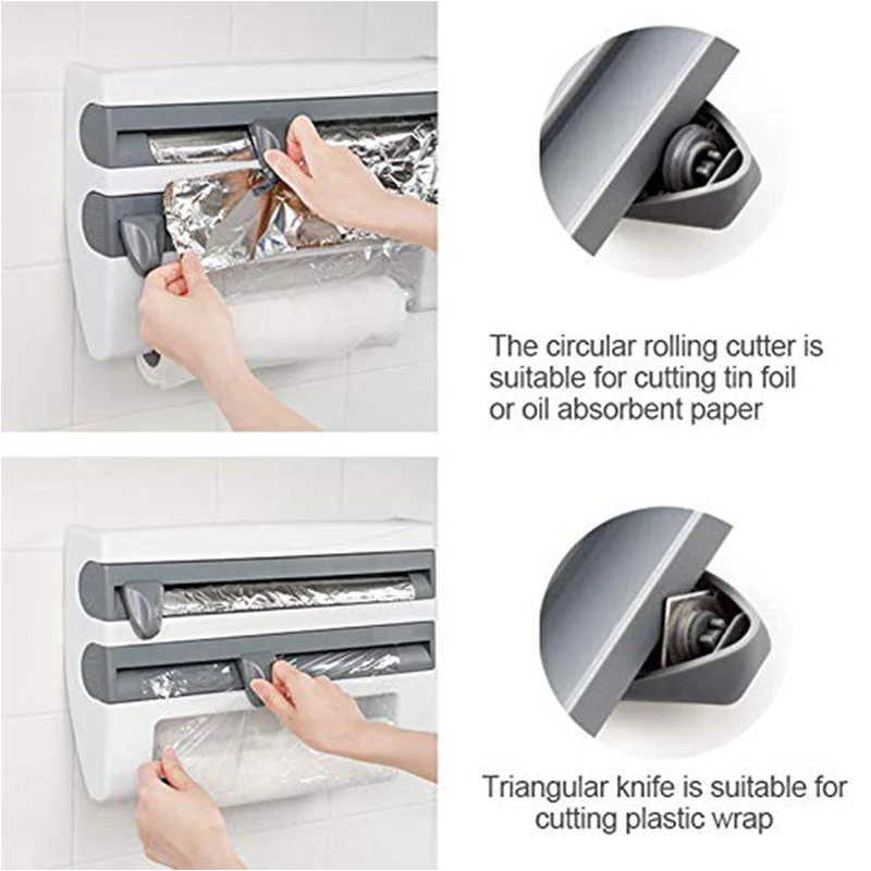 3 In 1 Plastic Wall-Mounted Kitchen Paper Towel Holder Spice Rack Cling Film Wrap Foil Dispenser With Cutter