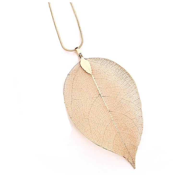 Fashion Natural Real Leaf Pendant Necklace Gold Plated  Snake Chain Leaf Shape Necklace