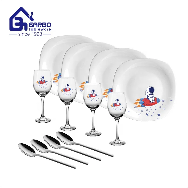Color box pack customized logo tableware set heat resistant opal plate dinner set with water juice tumbler classic dinner spoon