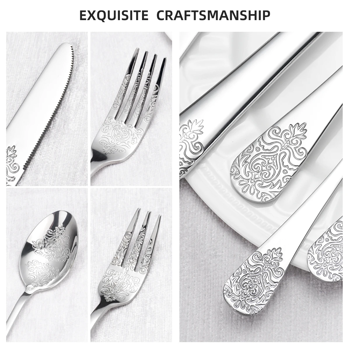 Middle East 5/65/200 Pcs Floral decorative Fork Knife And Spoon Silverware 3D Laser Cutlery Set Stainless Steel Flatware
