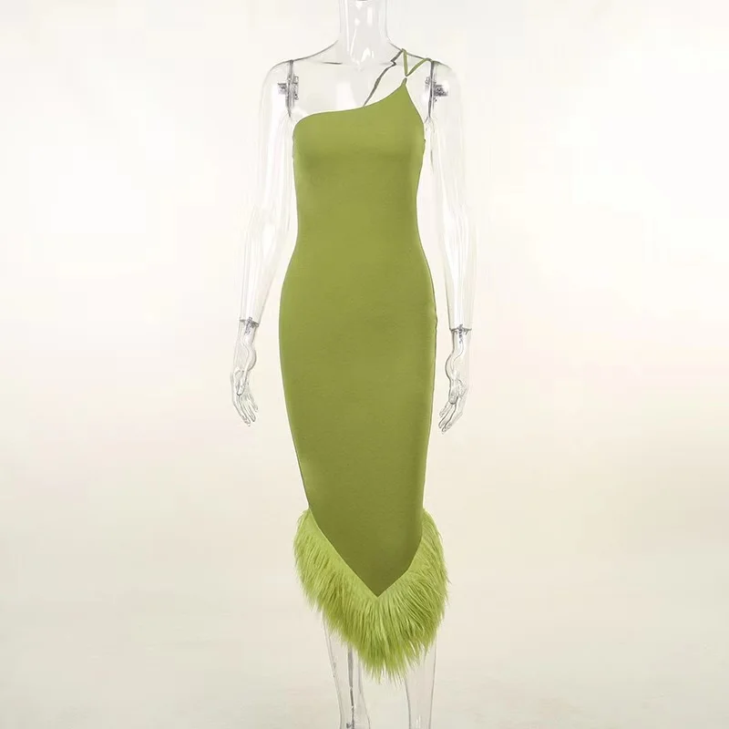 Autumn Sexy One Shoulder Sleeveless Bodycon Long Feather Dresses New Designs Fashion Women Dresses