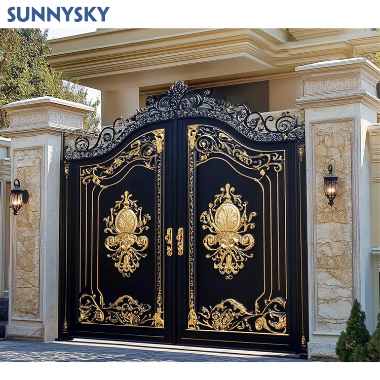 Новый дизайн Sunnysky кованые железные ворота для виллы распашные стальные колеса раздвижных металлических ворот