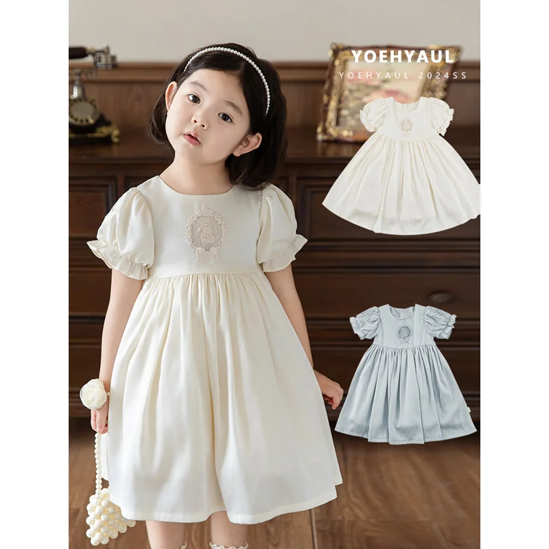 YOEHYAUL LX0226 Wholesale Embroidery Baby Dresses 2 Year Girl 100% Cotton Lining Children Kids Satin Dress Girls
