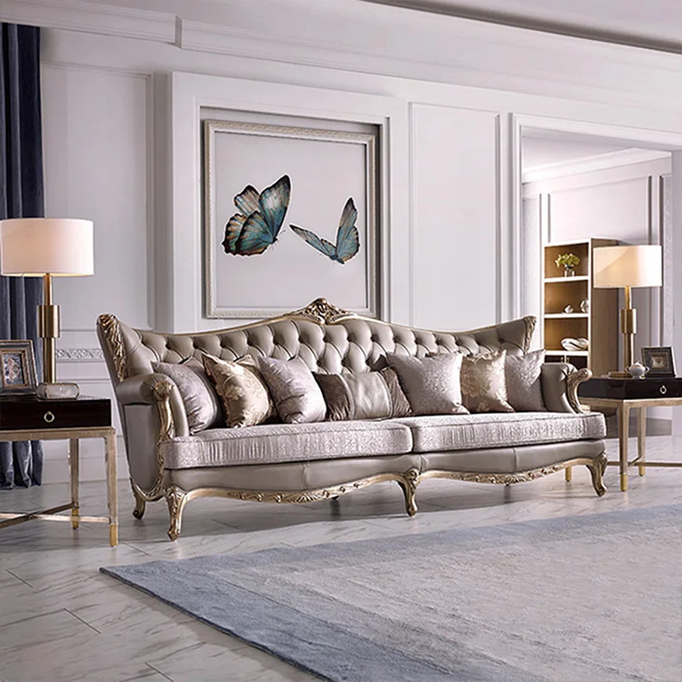 Modern Customized Light Luxury Royal French Designer Carved Solid Wood Upholstered Living Room Sectional Genuine Leather Sofa