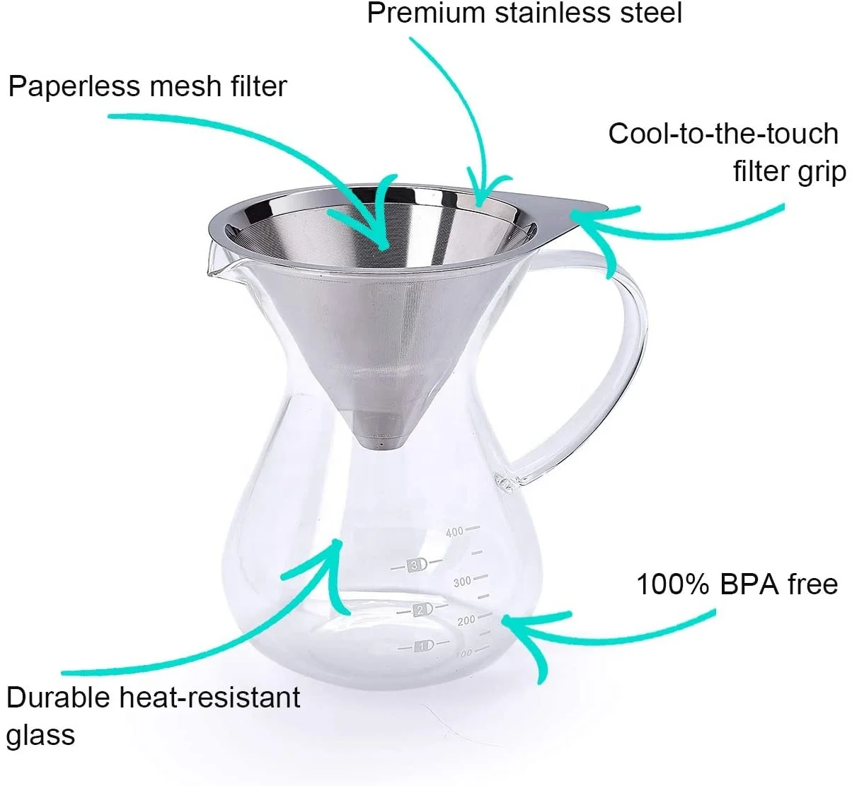 Reusable pour over coffee maker clear glass carafe coffee dripper brewer pot
