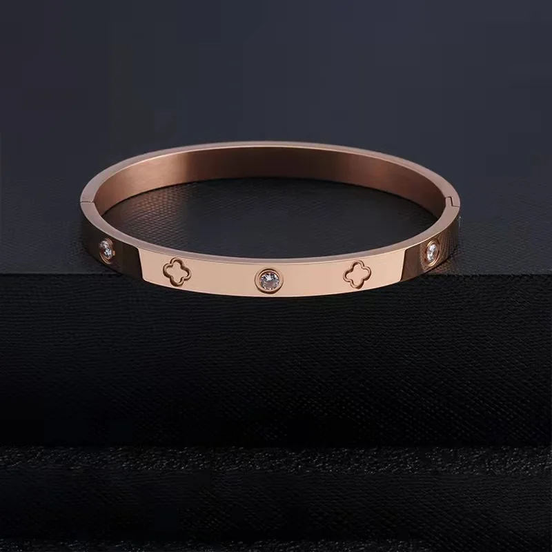 Gold Rose Gold Plated Bangle Bracelet CZ Stone Stainless Steel Cross Four Clover Bangle Bracelets for Women Jewelry