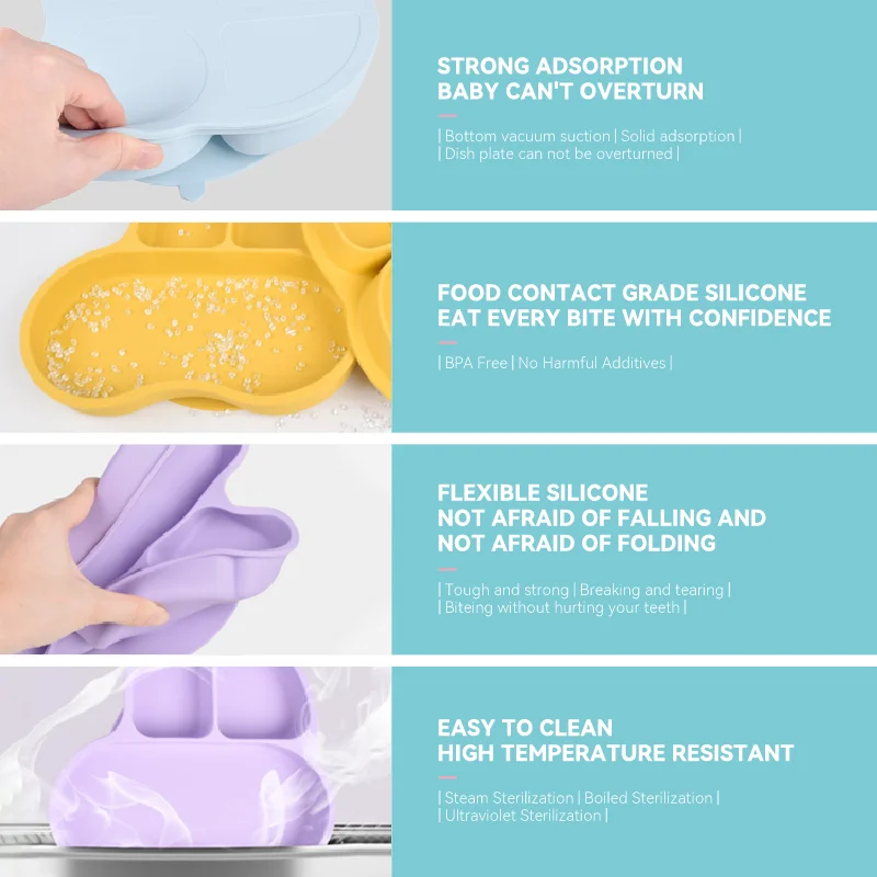 Amazon Hot Sale Platos Para Bebe Divided Feeding Set Non Slip Dishwasher And Microwave Safe Silicone Plates Baby With Suction